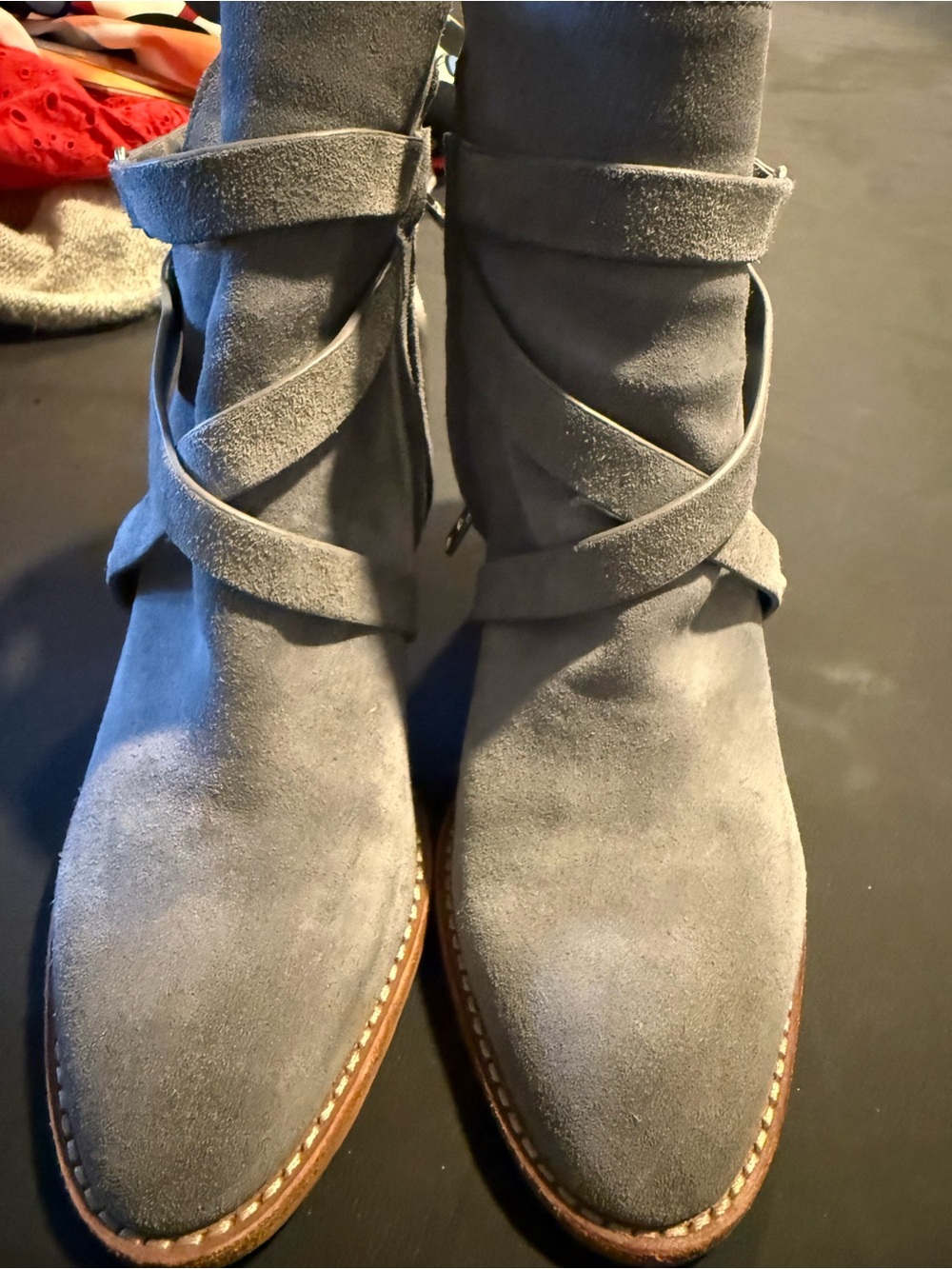 Sam Edelman Gray Suede Ankle Boots with Cross-Strap Detail
